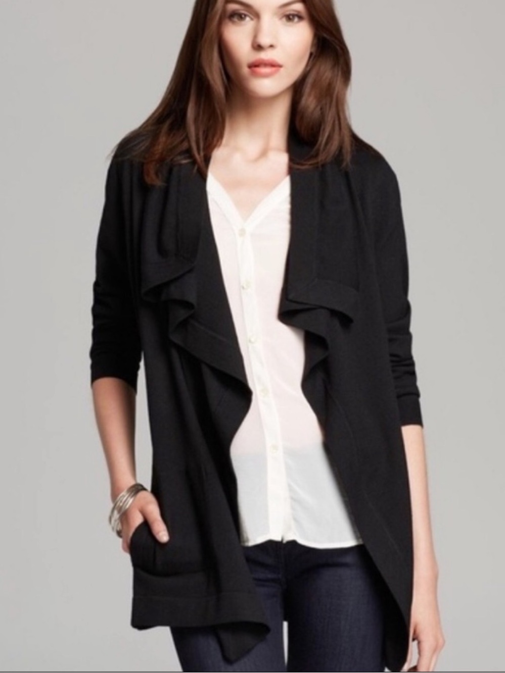 Theory Black Waterfall Wool Blend Cardigan Size Small